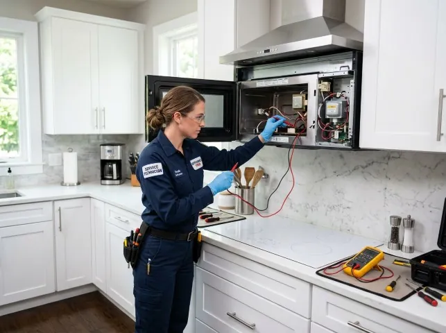 Appliance Repair Hero technician testing an over-the-range microwave in a Boulder City, NV kitchen